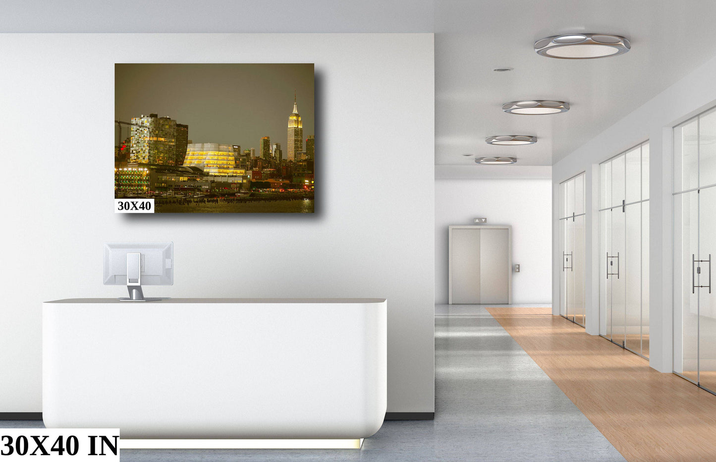 NYC skyline mid town Manhattan  empire state the battery metal print canvas print color photography daylight sunset  river  poster