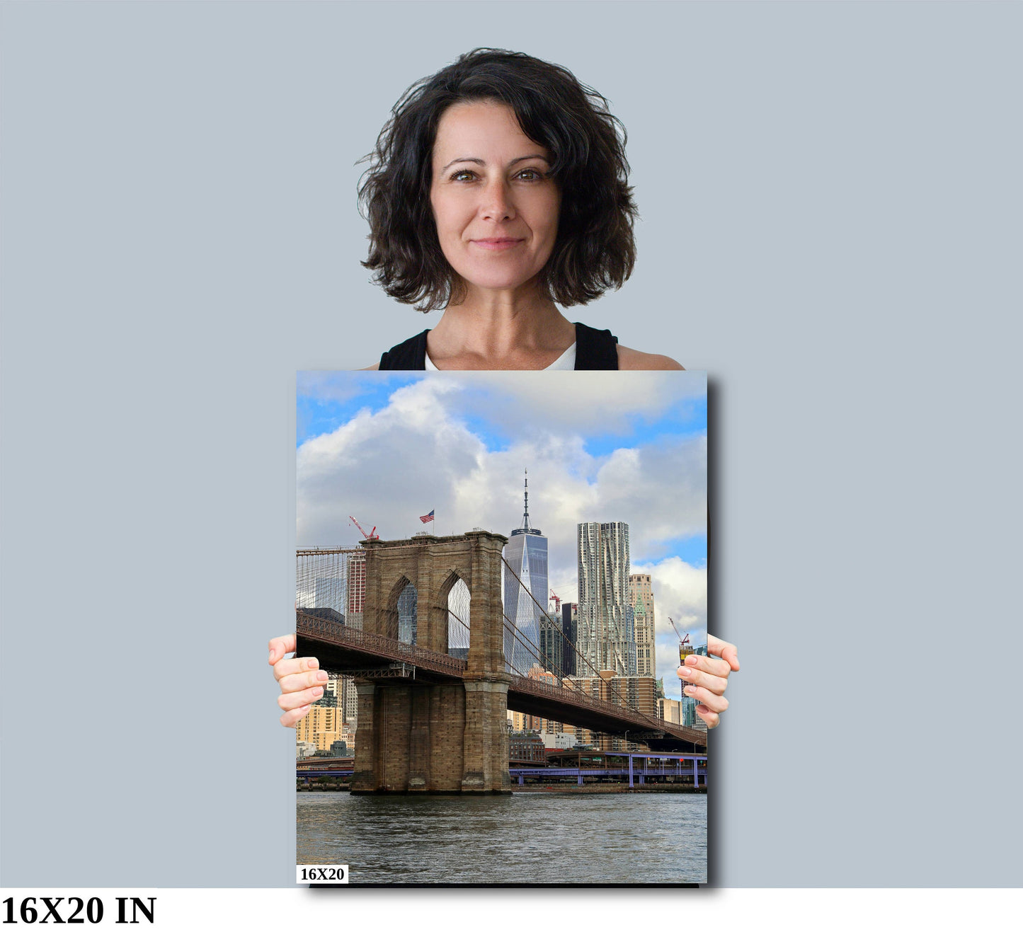 Downtown Manhattan skyline Brooklyn BridgeIconic shot vertical enhanced color cloudy metal print canvas print acrylic print