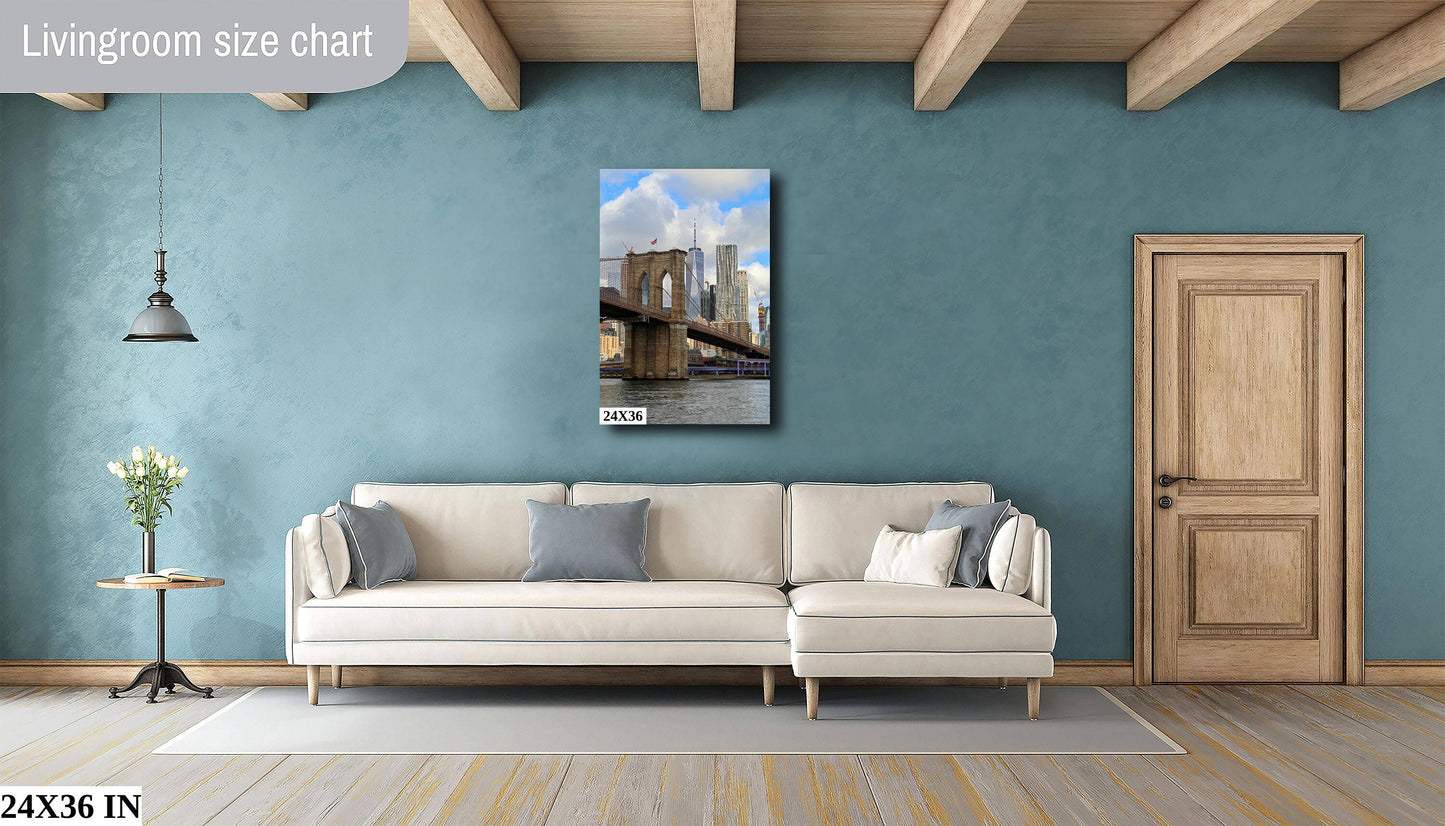 Downtown Manhattan skyline Brooklyn BridgeIconic shot vertical enhanced color cloudy metal print canvas print acrylic print