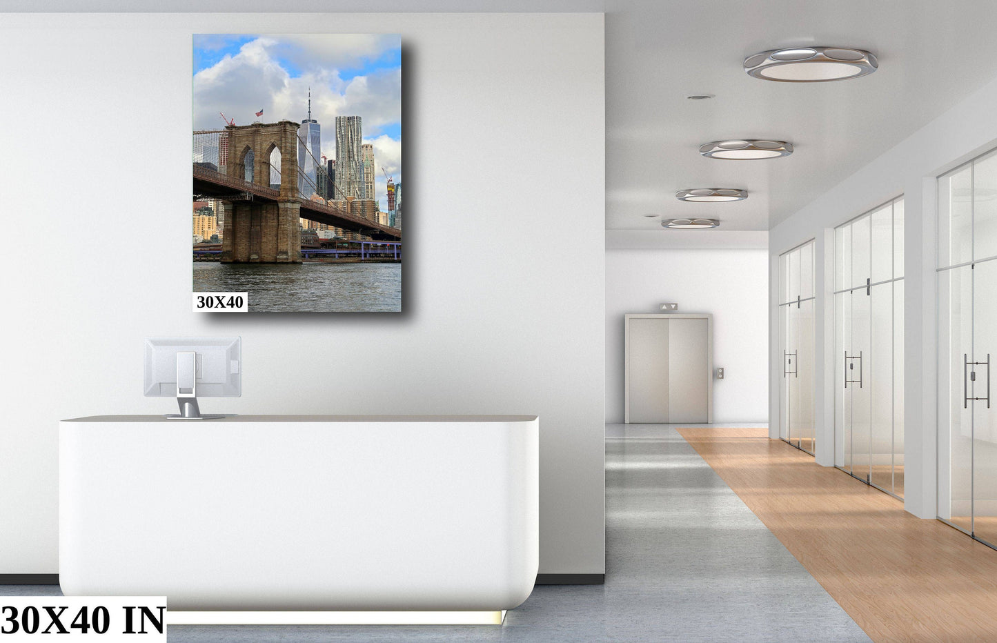 Downtown Manhattan skyline Brooklyn BridgeIconic shot vertical enhanced color cloudy metal print canvas print acrylic print