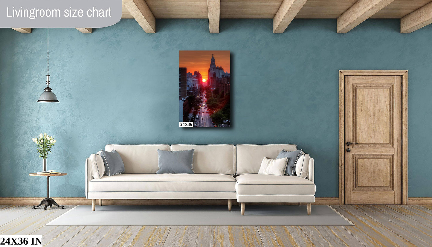 Manhattan Henge Downtown Manhattan skyline vertical enhanced color cloudy metal print canvas print acrylic print sunset