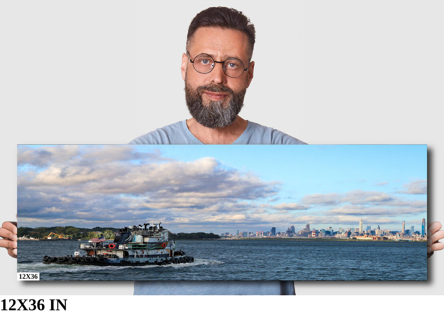 Manhattan skyline from Long Island Sound close to Hellgate canvas print metal print daylight tugboat