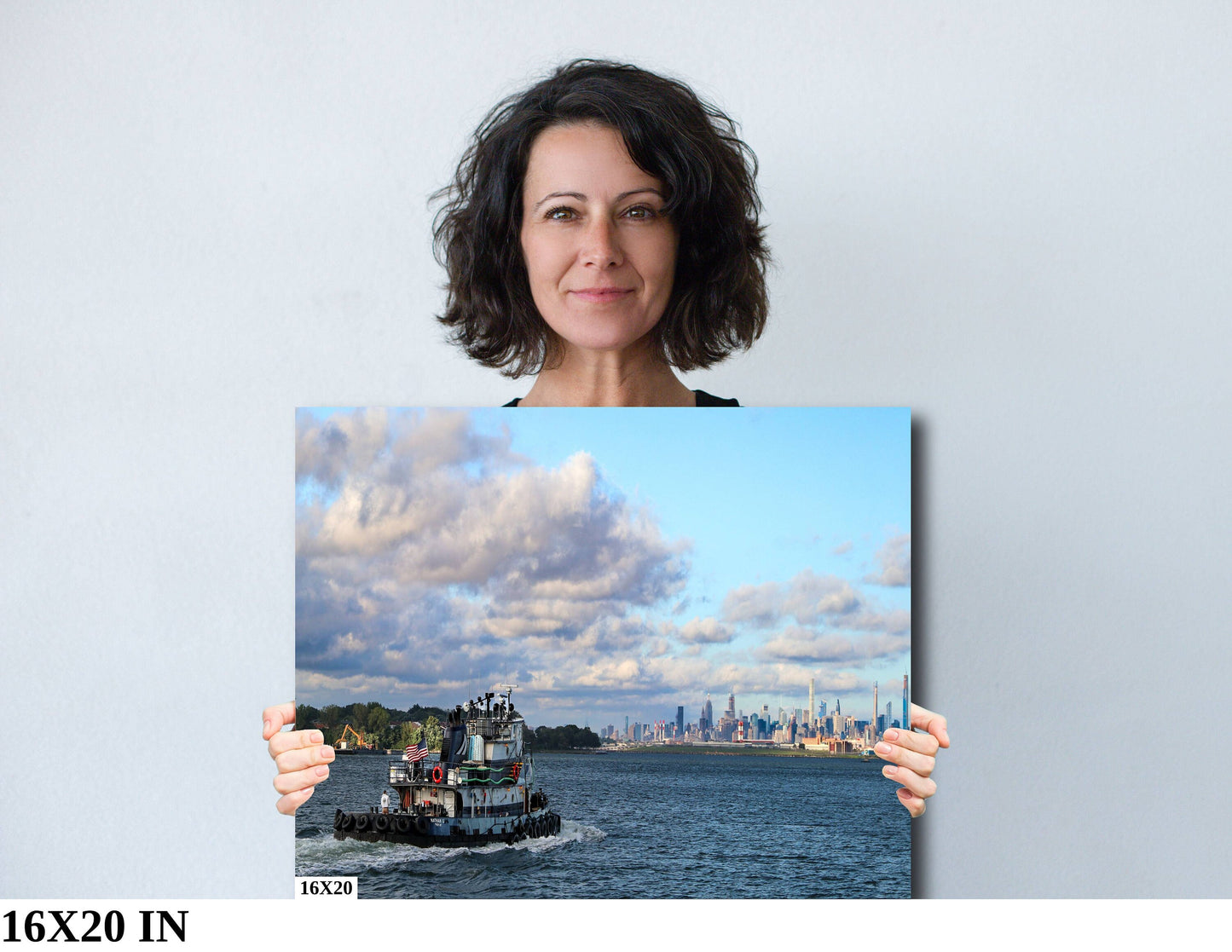 Manhattan skyline from Long Island Sound close to Hellgate canvas print metal print daylight tugboat