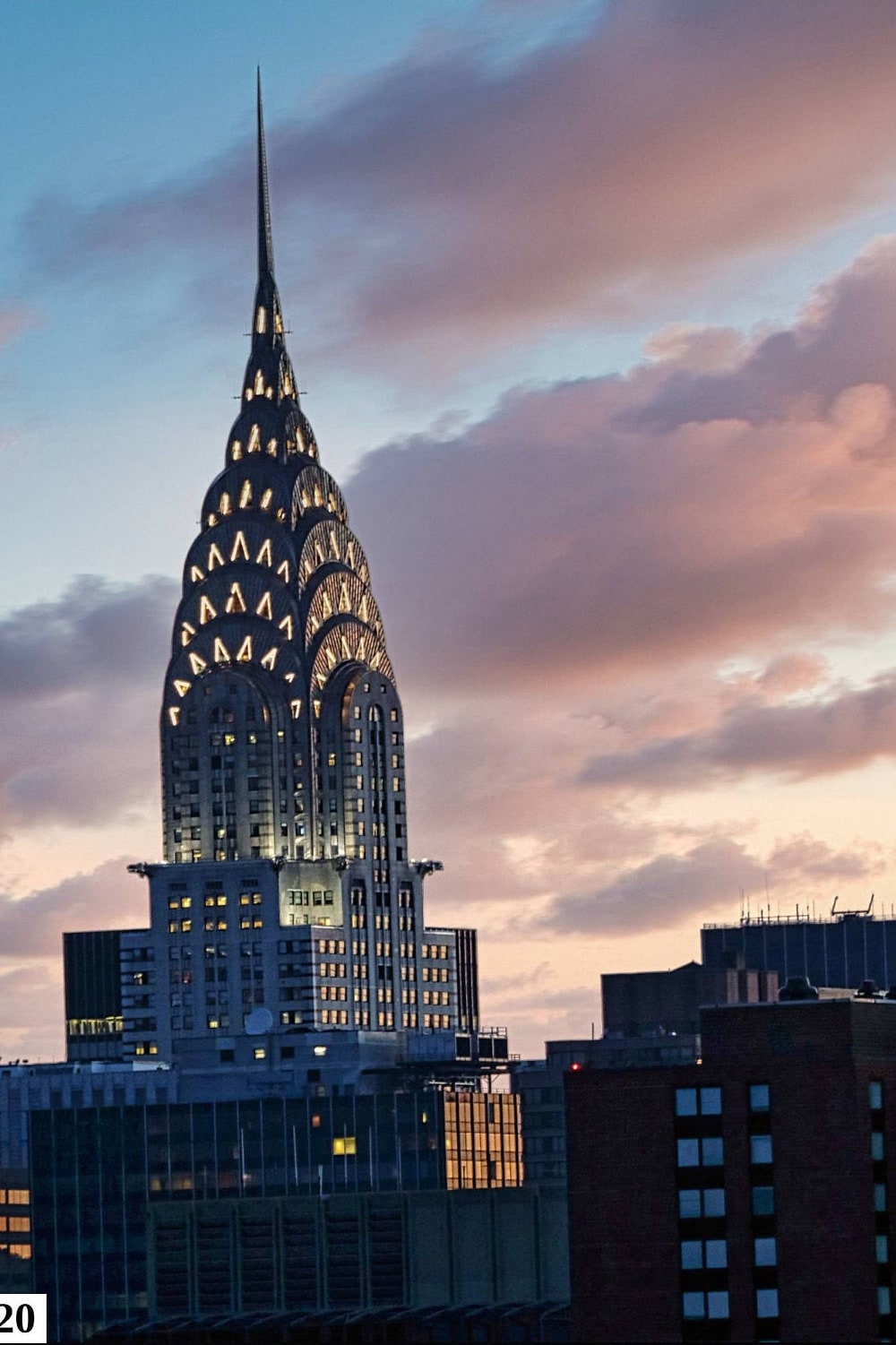 Chrysler Building Manhattan skyline vertical enhanced color cloudy metal print canvas print acrylic print sunset