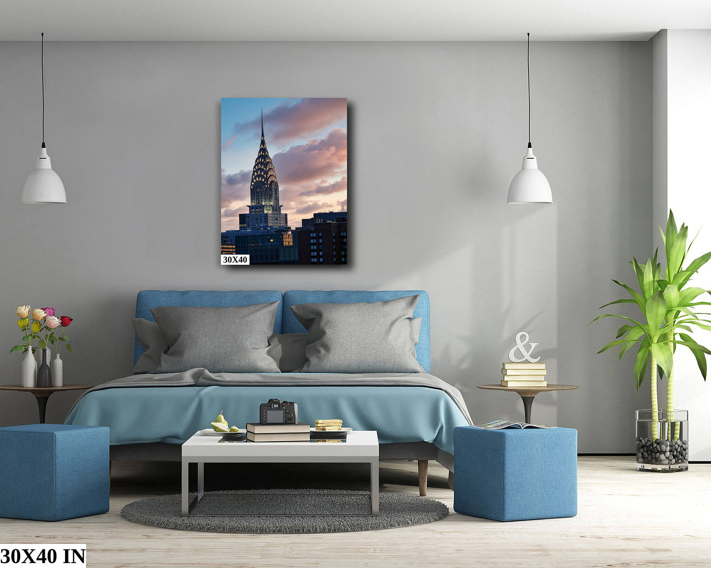 Chrysler Building Manhattan skyline vertical enhanced color cloudy metal print canvas print acrylic print sunset