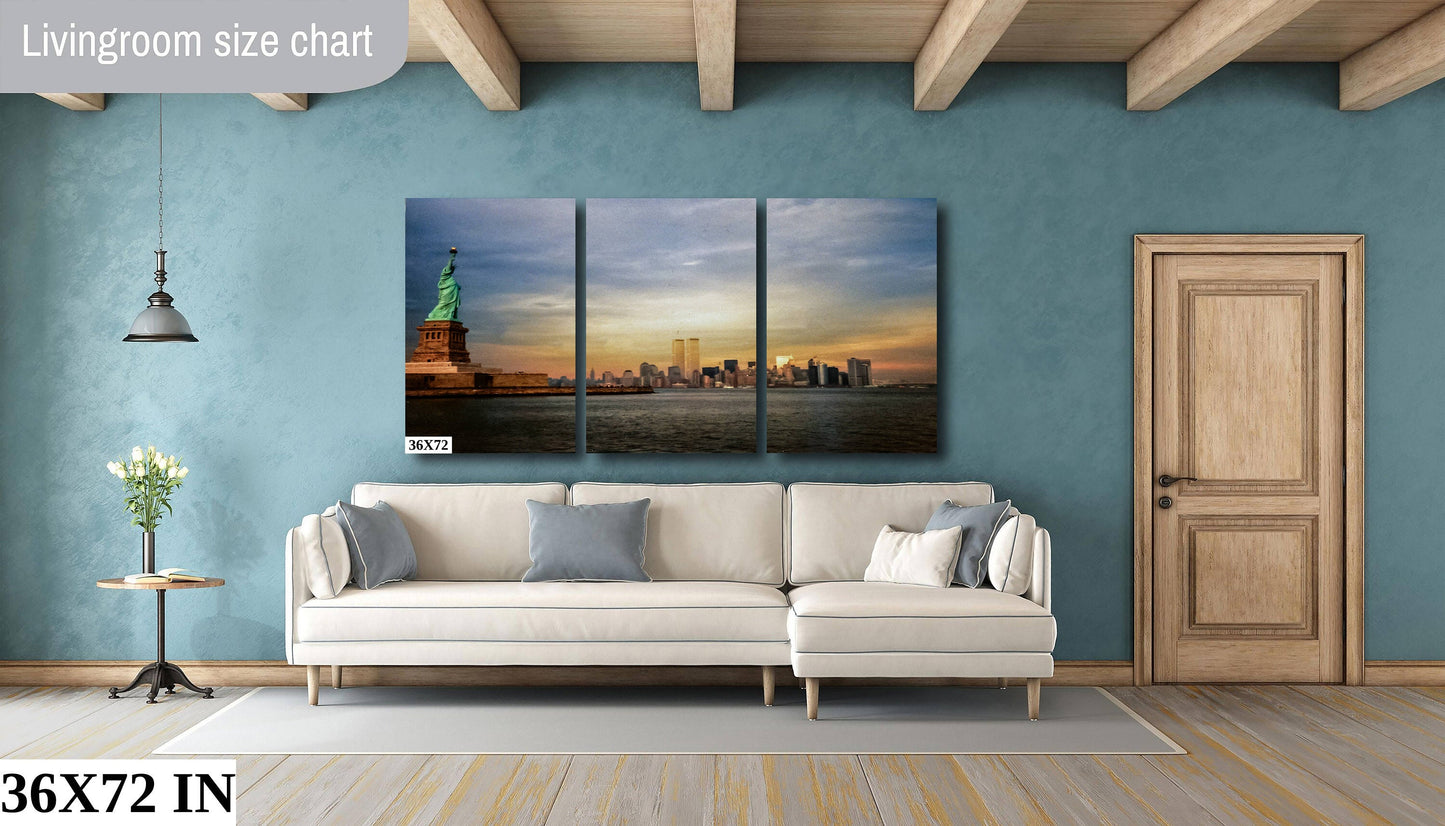 NYC World Trade Center and lady Liberty  skyline lower manhattan the battery metal print canvas print color photography daylight sunset