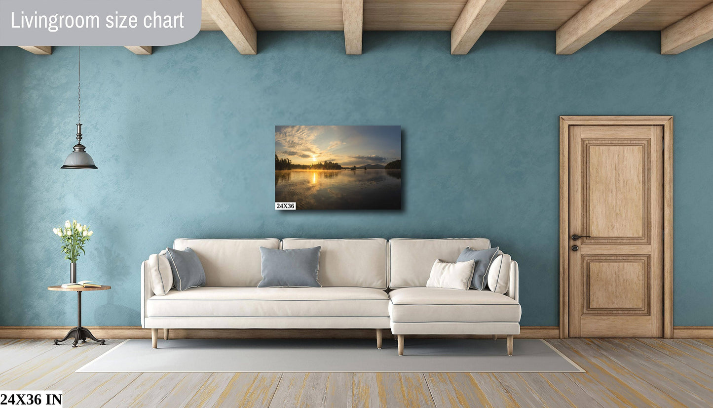 Sunrise on the mist at Chateaugay Lake Panoramic water reflection morning mist colors metal print canvas print outdoor wall art