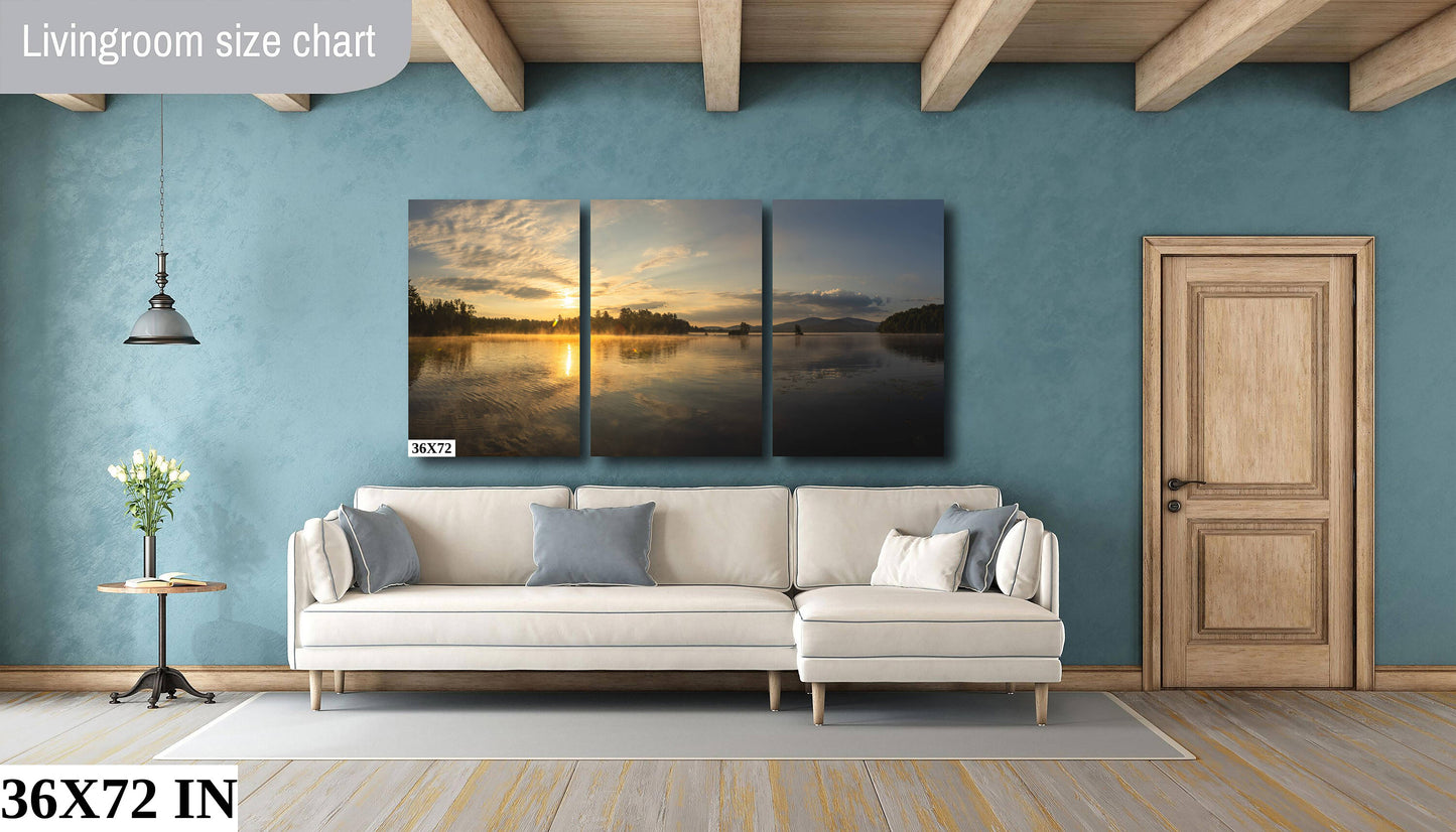 Sunrise on the mist at Chateaugay Lake Panoramic water reflection morning mist colors metal print canvas print outdoor wall art