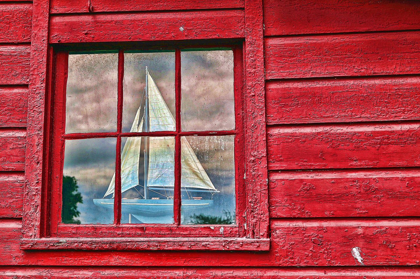 Sailing dreams in the window of a minds eye, sailboat window canvas print metal print color red