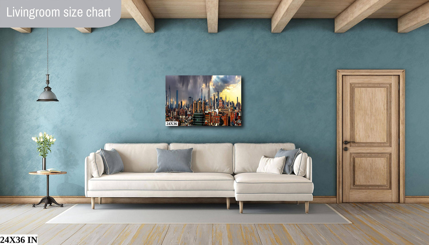 NYC skyline  mid town from Tribeca  metal print canvas print color photography daylight storm  poster