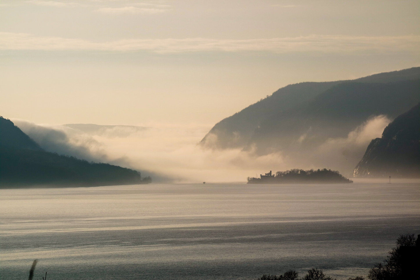 Fogged in Hudson River at Newburgh Bay looking towards West Point hudson valley Hudson Valley Bannermans island