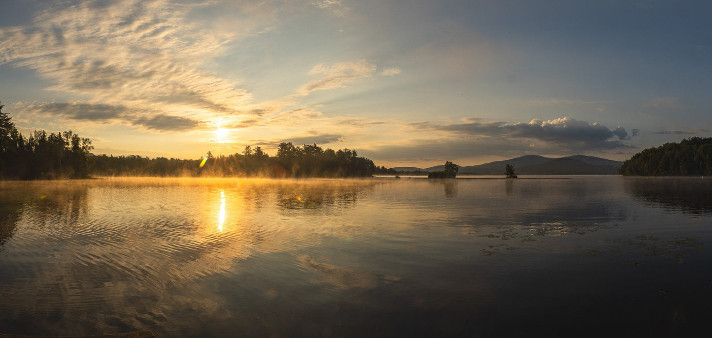 Sunrise on the mist at Chateaugay Lake Panoramic water reflection morning mist colors metal print canvas print outdoor wall art