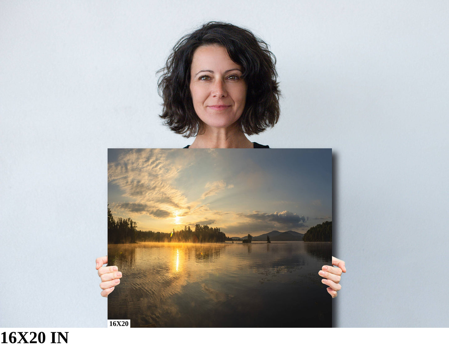 Sunrise on the mist at Chateaugay Lake Panoramic water reflection morning mist colors metal print canvas print outdoor wall art