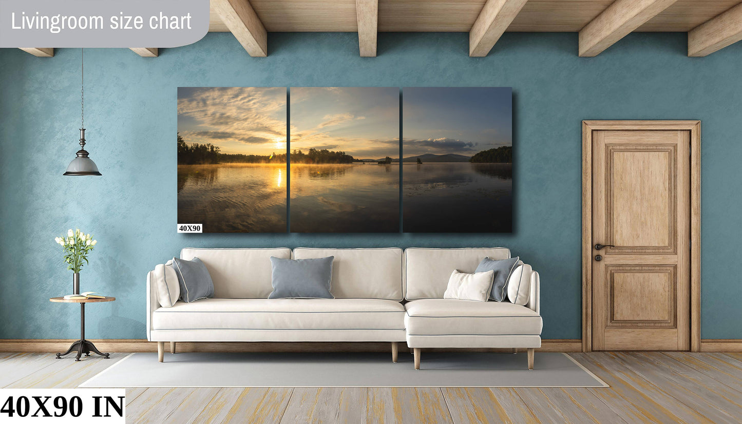 Sunrise on the mist at Chateaugay Lake Panoramic water reflection morning mist colors metal print canvas print outdoor wall art