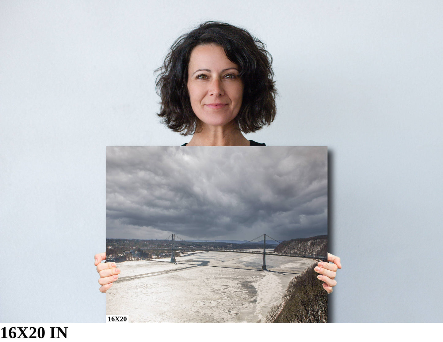 The Hudson River iced in at the Poughkeepsie Bridge with a storm approaching color poster canvas print metal print hudson valley photography