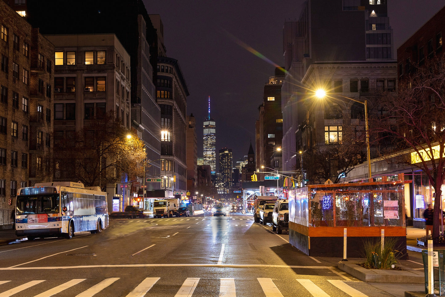 NYC Looking down 1st from 16th 1 world trade NYC street metal print canvas print color photography night  poster