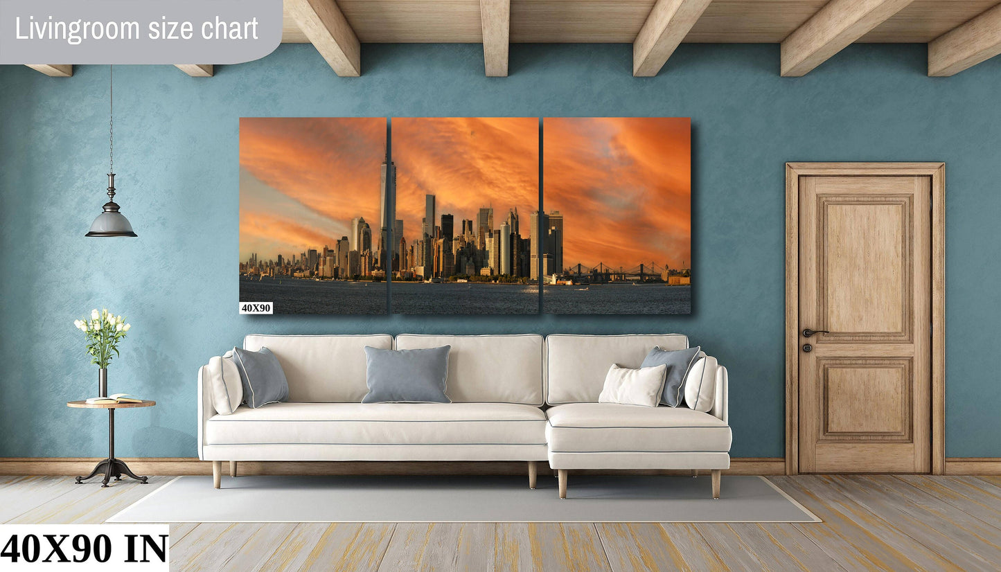 Sunset over Manhattan NYC skyline from by Liberty Island metal print canvas print color photography night  poster