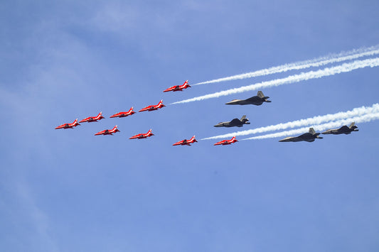 R.A.F. Red Arrows and U.S. Air Force F 22's and F 35's over the  Hudson River  hudson valley Hudson Valley Bannermans island