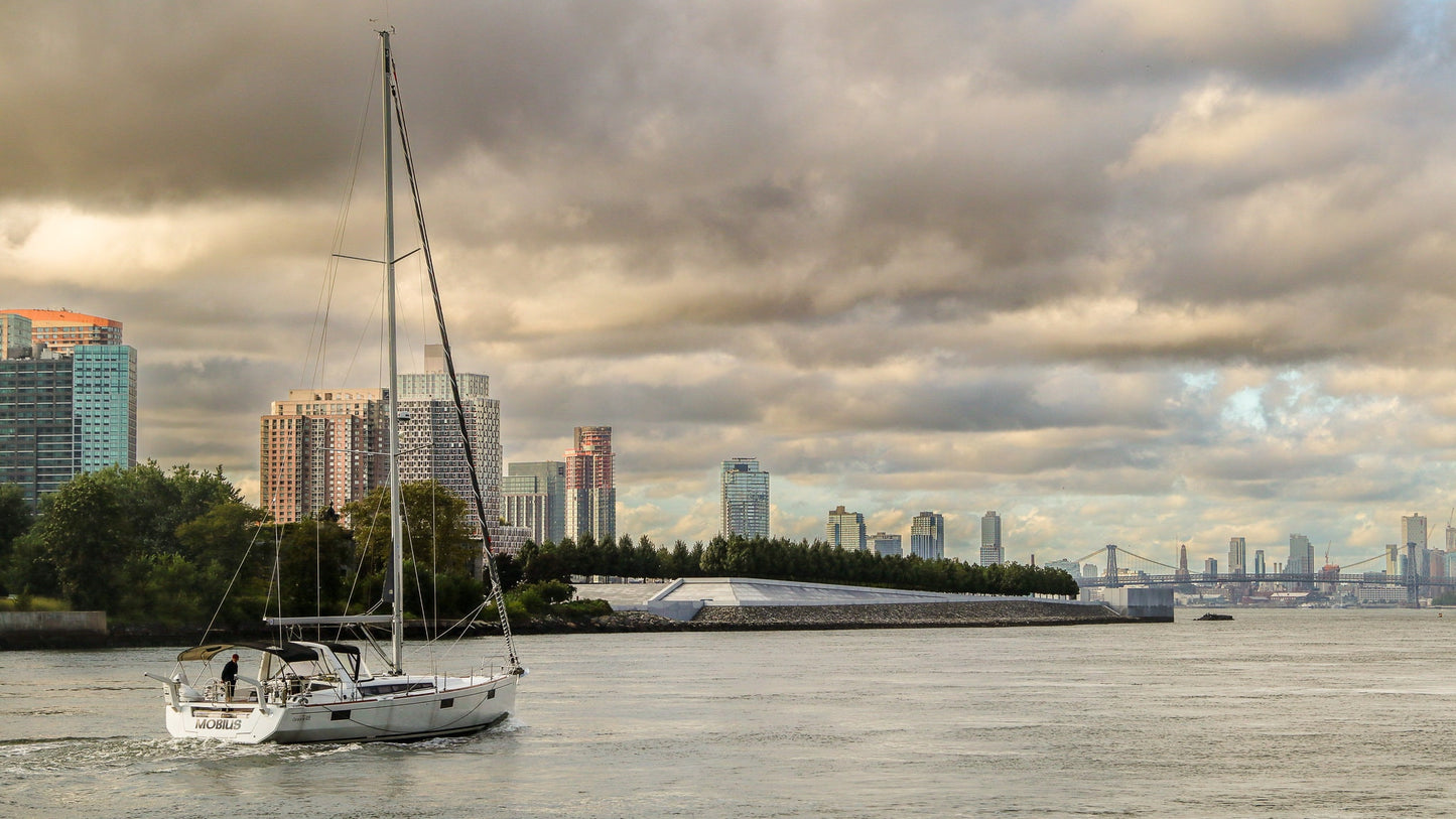 Boat on the East River passing Roosevelt lsland Williamsburg Bridge enhanced color cloudy metal print canvas print acrylic print