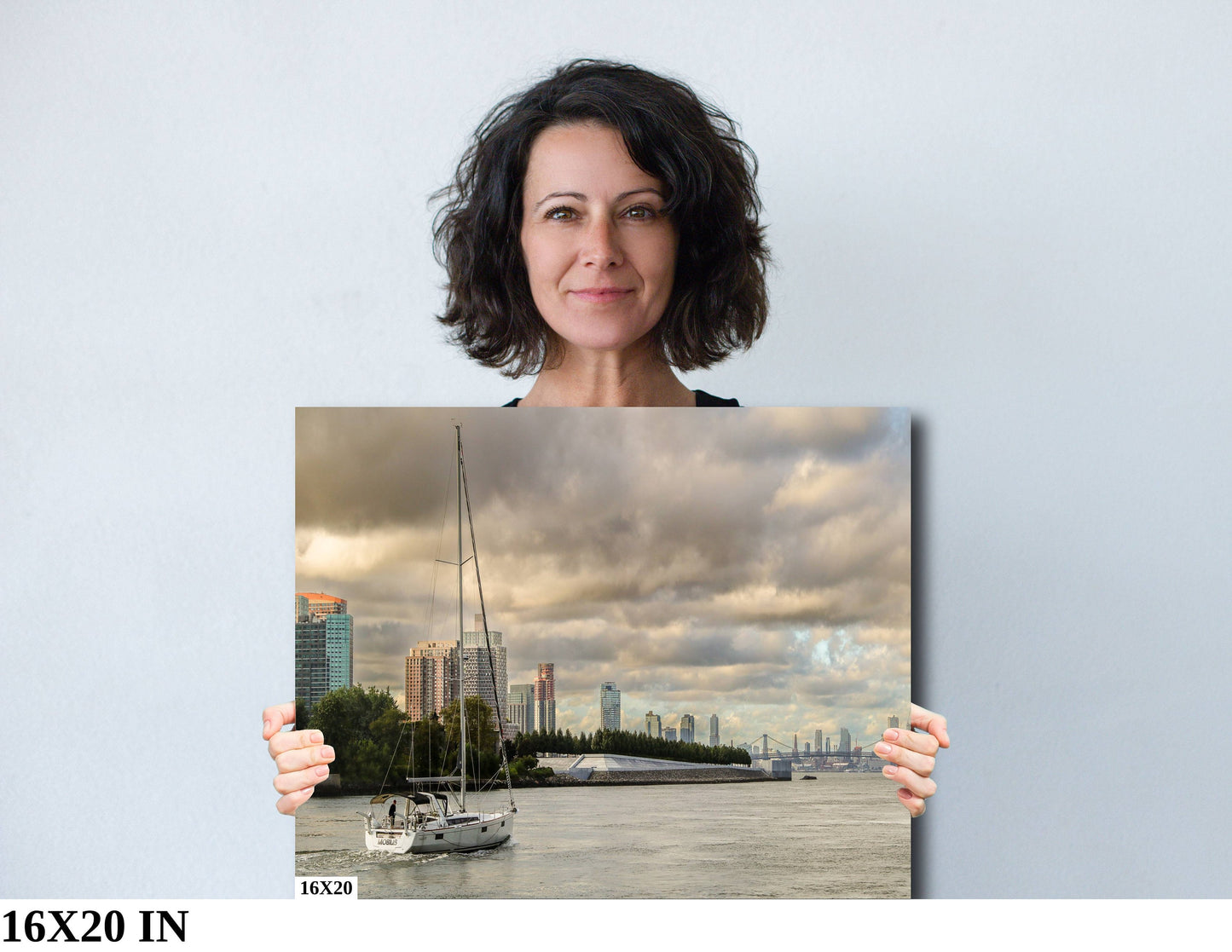 Boat on the East River passing Roosevelt lsland Williamsburg Bridge enhanced color cloudy metal print canvas print acrylic print