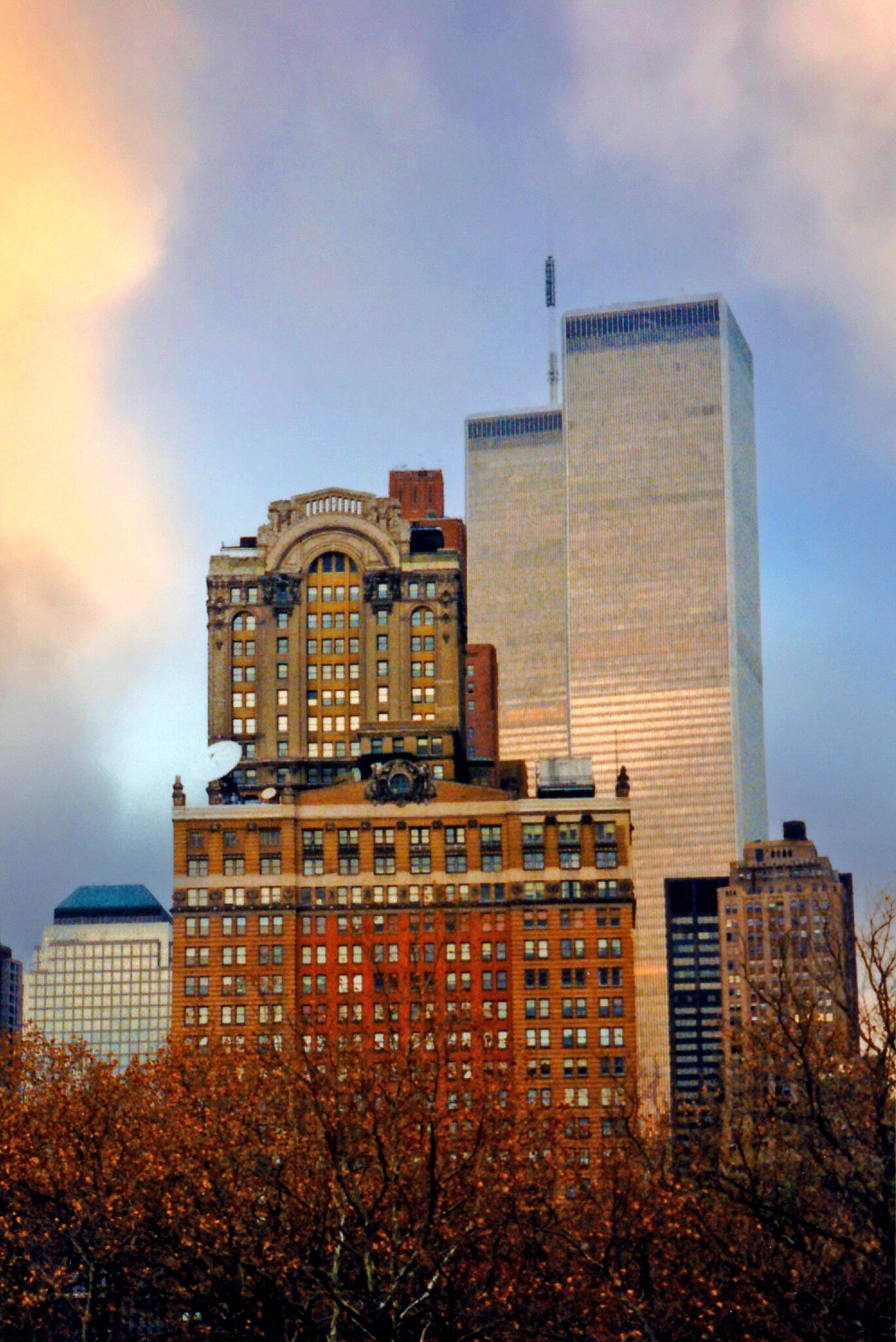 World trade Center Downtown Manhattan skyline  shot vertical enhanced color cloudy metal print canvas print acrylic print