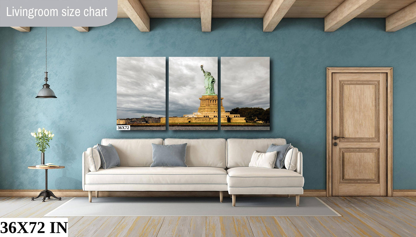 Statue of Liberty guiding light in past storms and the ones coming metal print canvas print color photography daylight sunset  river  poster