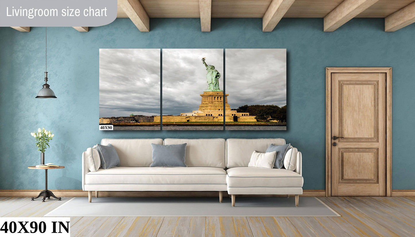 Statue of Liberty guiding light in past storms and the ones coming metal print canvas print color photography daylight sunset  river  poster