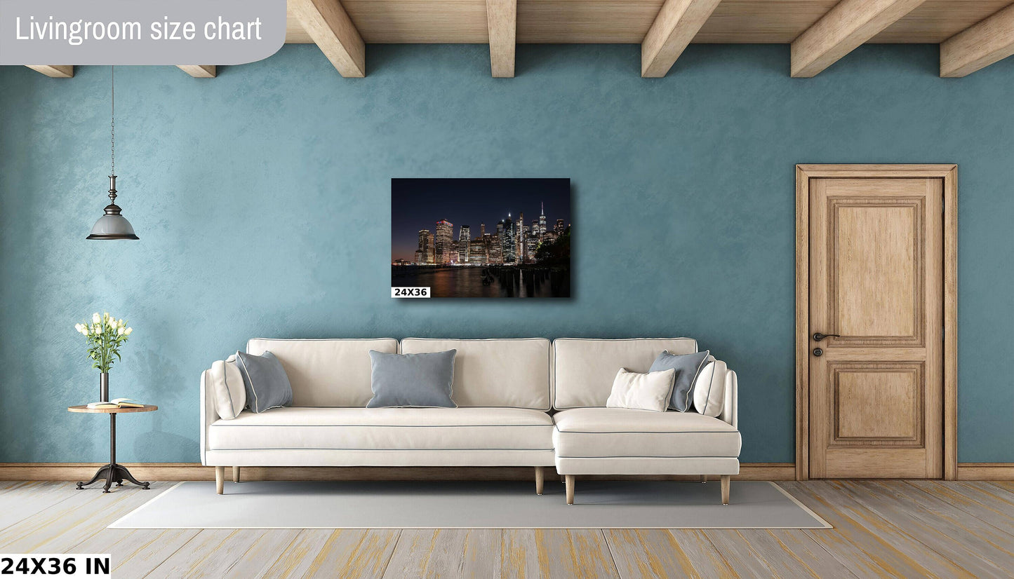 NYC skyline lower manhattan from Brooklyn metal print canvas print color photography night sunset  river  poster