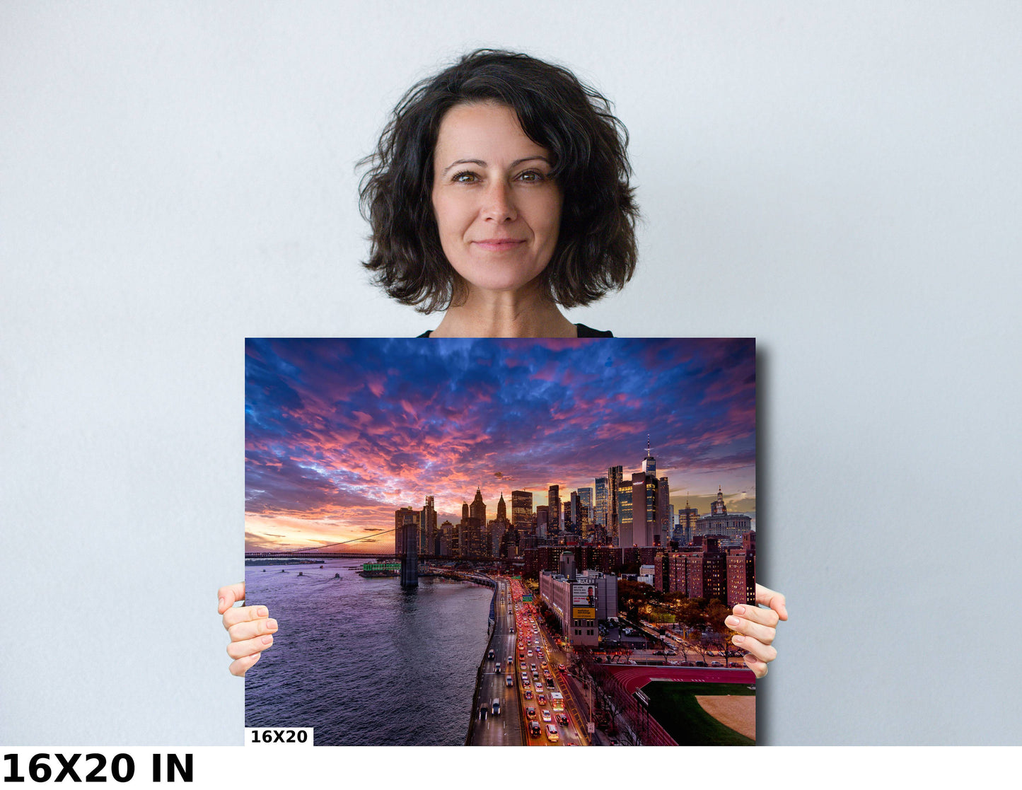 NYC skyline lower Manhattan from the Manhattan Bridge metal print canvas print color photography night sunset  river  poster