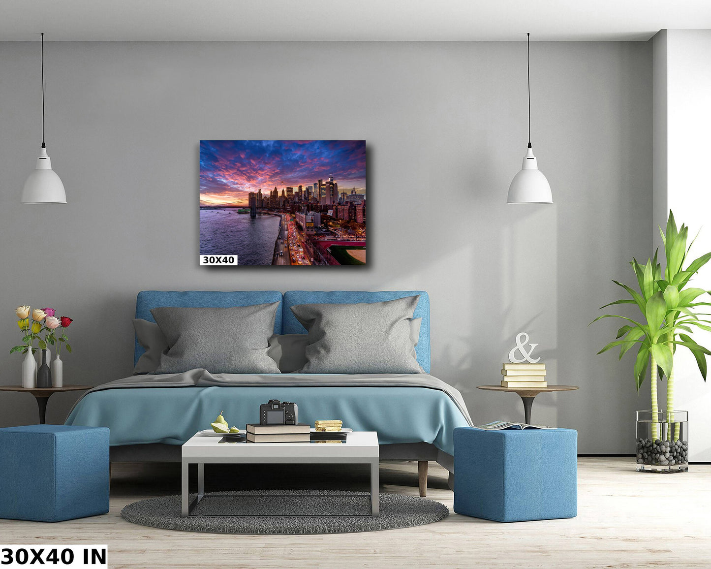 NYC skyline lower Manhattan from the Manhattan Bridge metal print canvas print color photography night sunset  river  poster