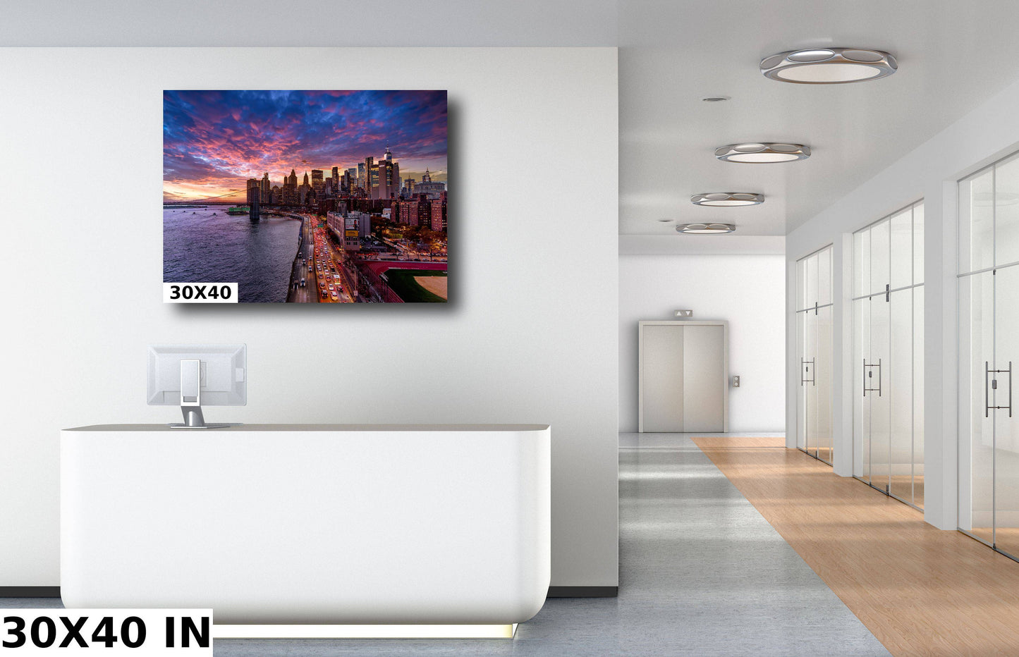 NYC skyline lower Manhattan from the Manhattan Bridge metal print canvas print color photography night sunset  river  poster