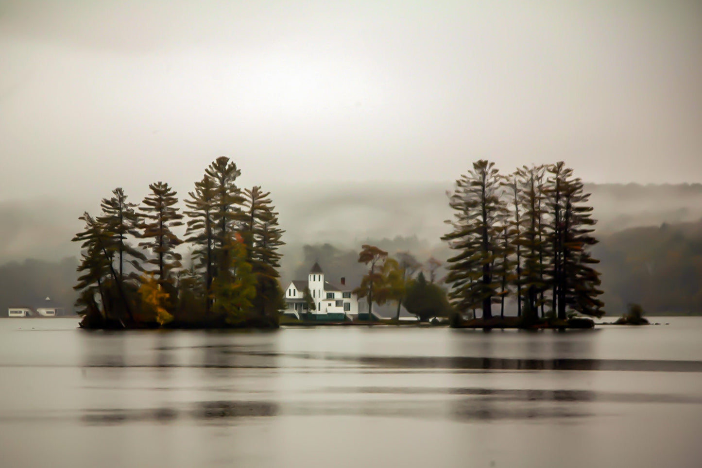 Long Lake, New york Rainy foggy day on the island  in the Adirondacks water reflection mornin mist colors metal print canvas print  wall art