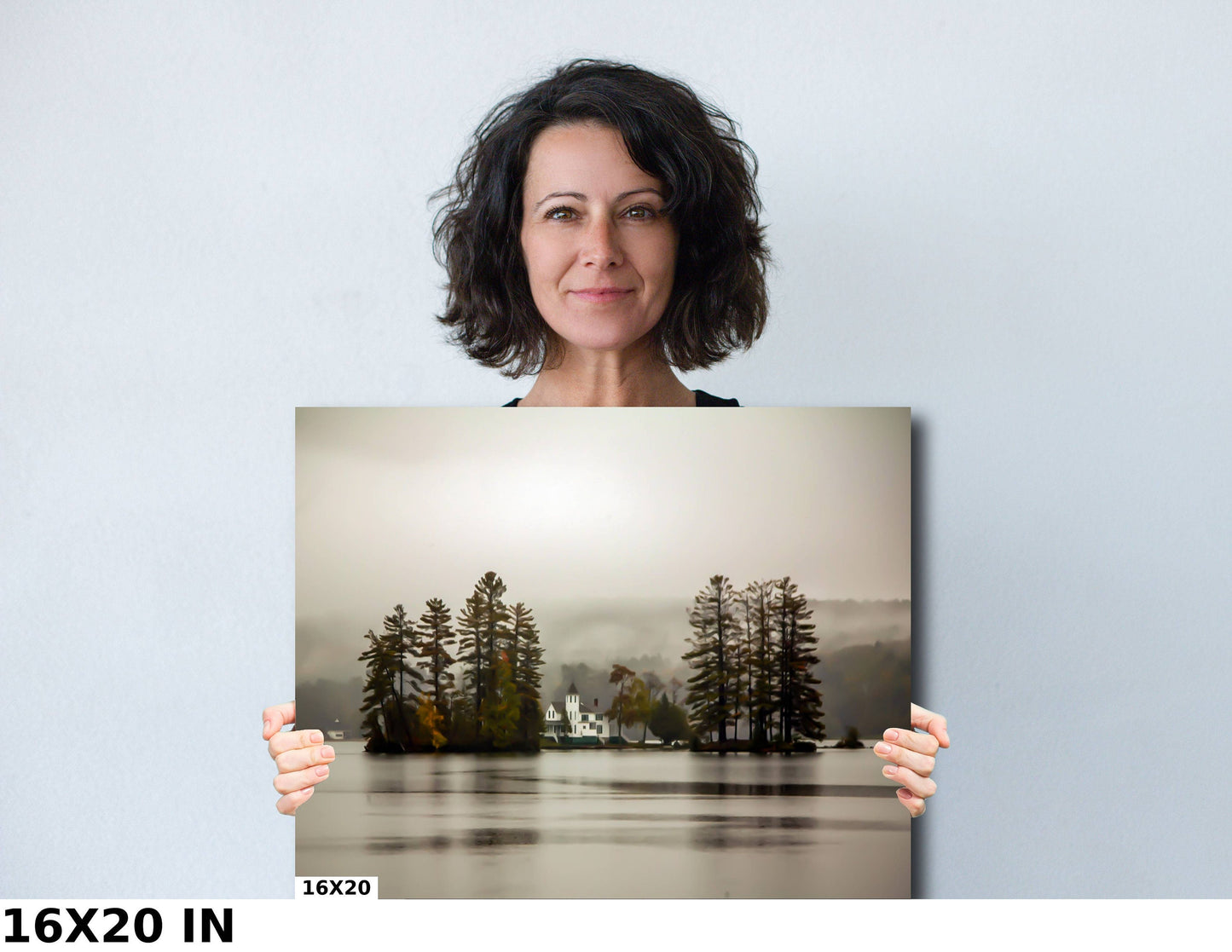 Long Lake, New york Rainy foggy day on the island  in the Adirondacks water reflection mornin mist colors metal print canvas print  wall art