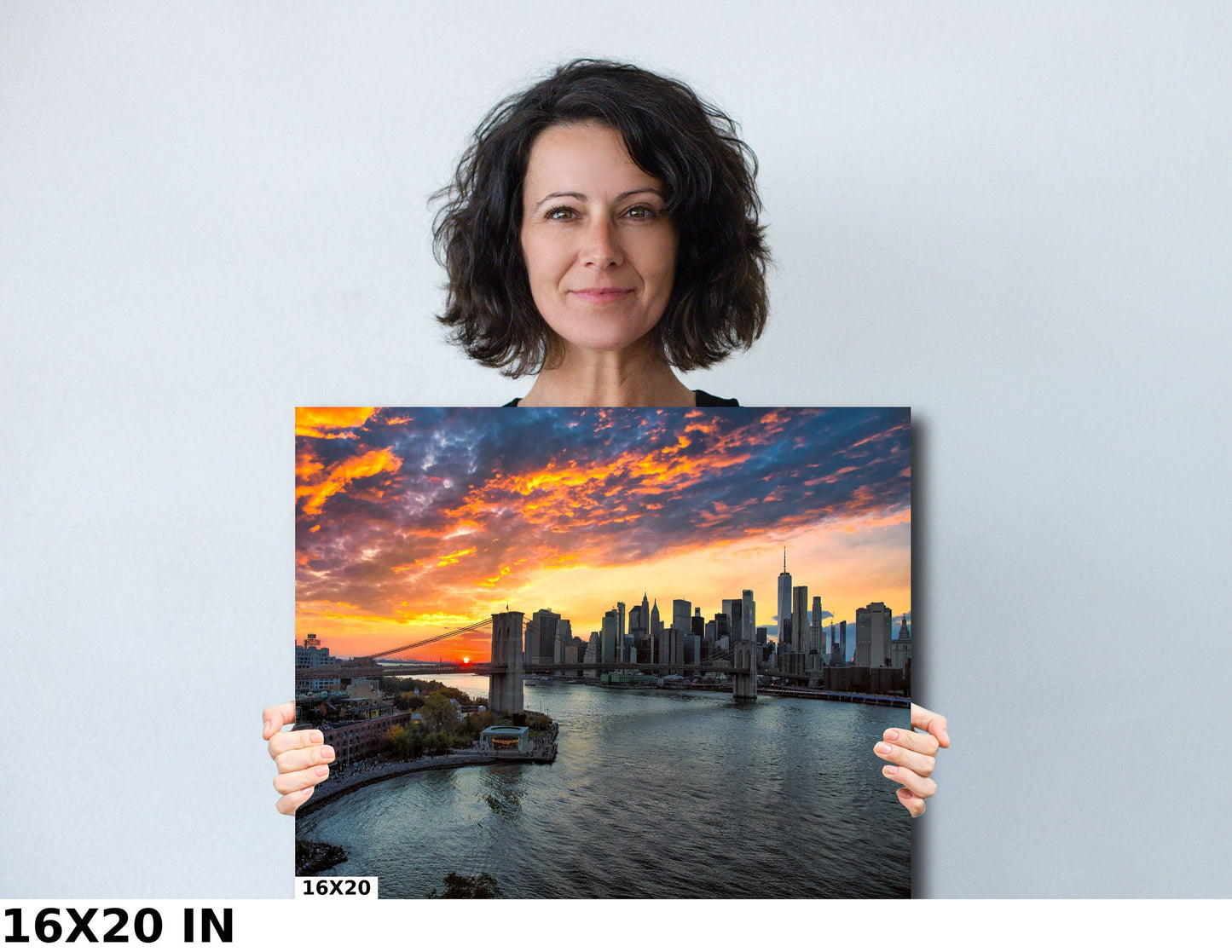 Sunset over lower Manhattan and the Brooklyn Bridge from the Manhattan Bridge metal print canvas print color photography night sunset river