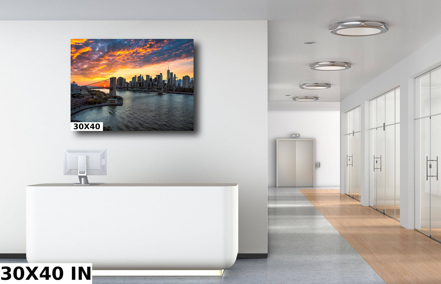 Sunset over lower Manhattan and the Brooklyn Bridge from the Manhattan Bridge metal print canvas print color photography night sunset river