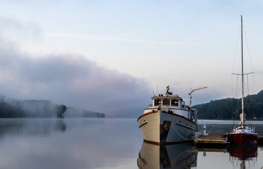 Boat on the dock another cloudy sunrise over the marina  Hudson River colors wall art metal acrylic