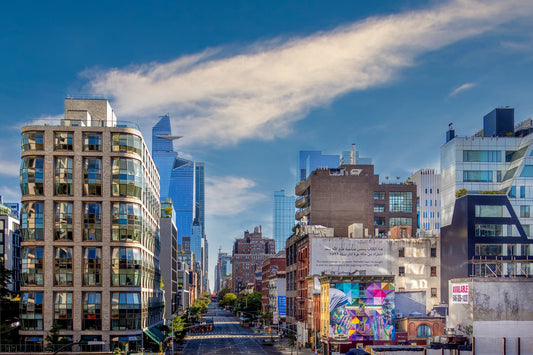 Looking up 10th Ave. Only in NYC!  walking the highline metal print canvas print color photography night  poster