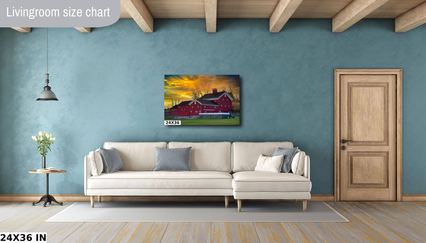 Hudson Valley Iconic barn at sunset canvas,metal, acrylic and photo paper wall art sized to fit