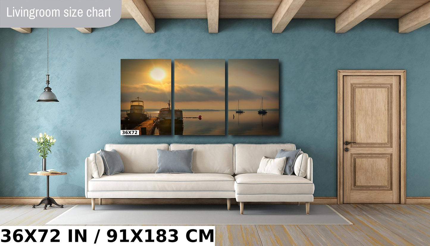 Spectacular foggy sunrise over the marina Hudson River colors wall art metal acrylic