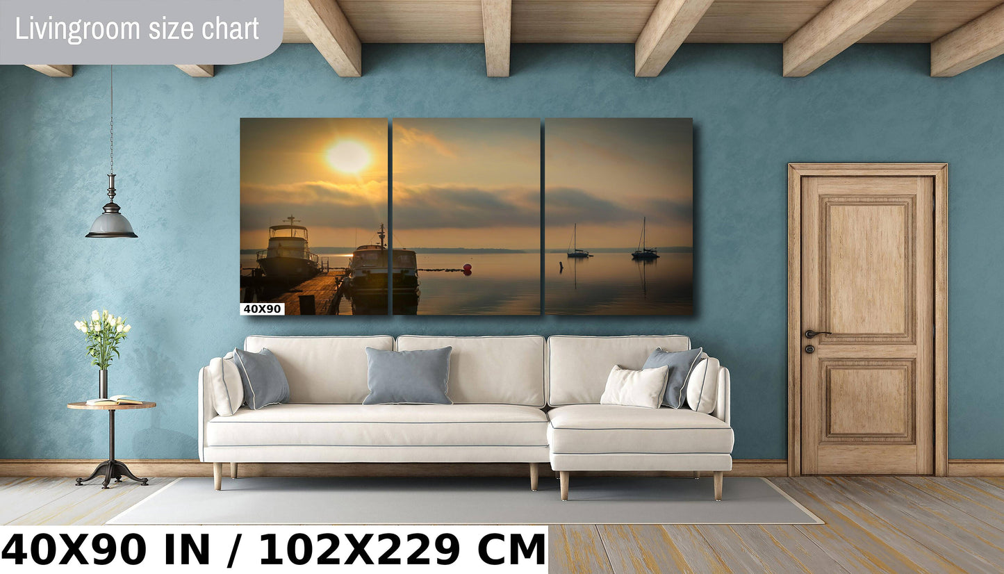 Spectacular foggy sunrise over the marina  Hudson River colors wall art metal acrylic