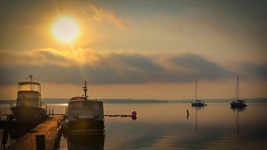 Spectacular foggy sunrise over the marina  Hudson River colors wall art metal acrylic